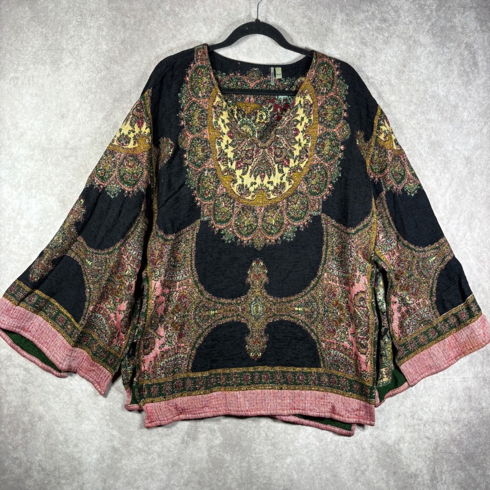 Soft Surroundings Poncho Top Womens OS Black Pink Paisley Tapestry Boho Kimono